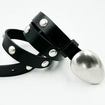 Vera Belt - Silver Bean Buckle Black Leather Narrow Belt - Streets Ahead