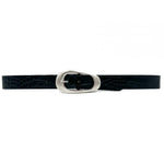 Gwen Belt - Black Embossed Leather Jean Belt Oval Silver Buckle - Streets Ahead