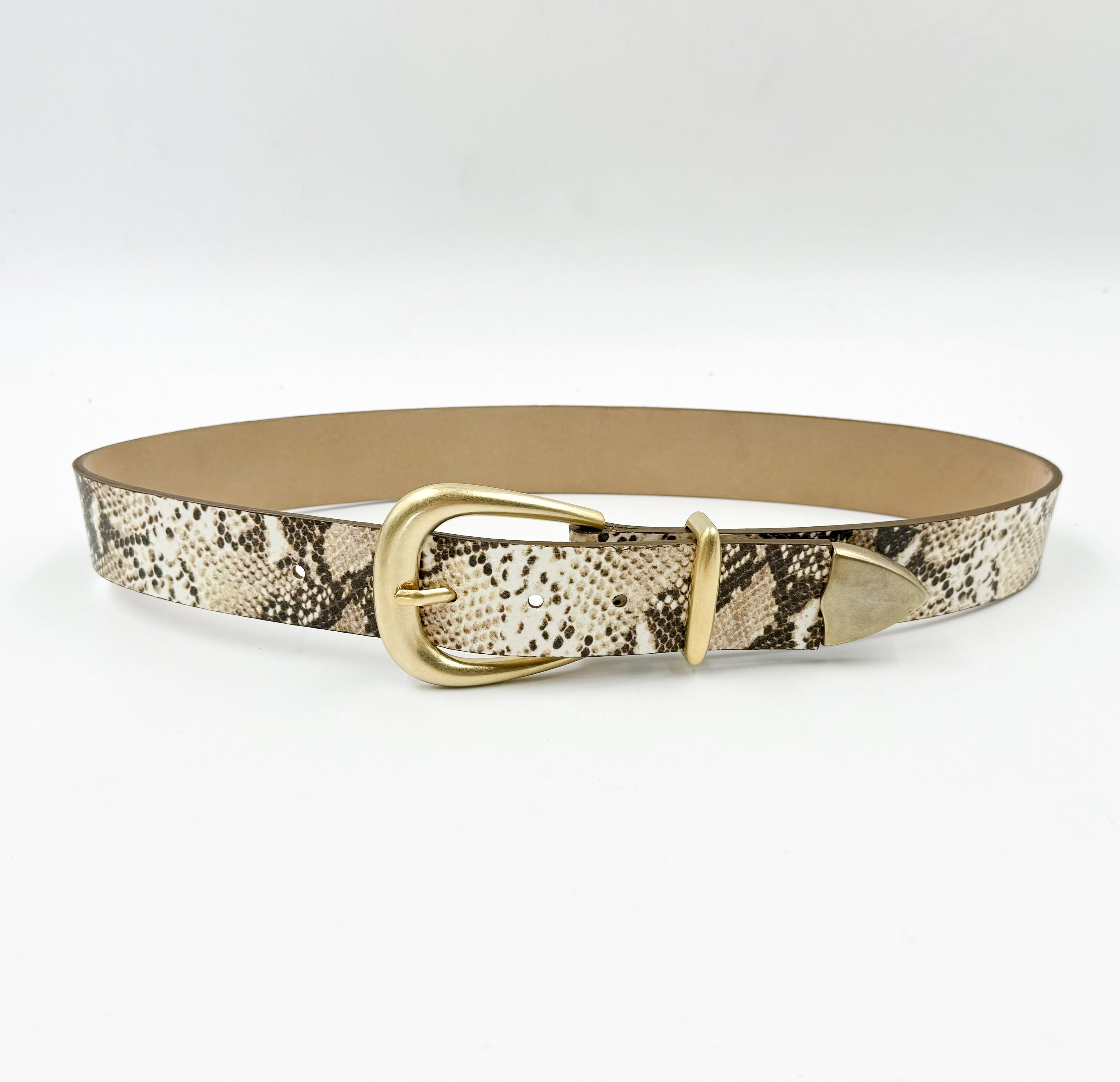 June Belt - Ivory Snake Print Leather Belt Gold Buckle Set - Streets Ahead