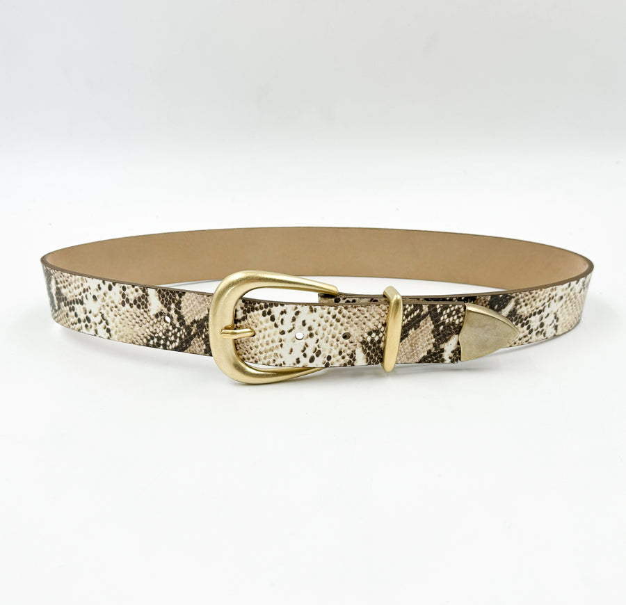 June Belt - Ivory Snake Print Leather Belt Gold Buckle Set - Streets Ahead