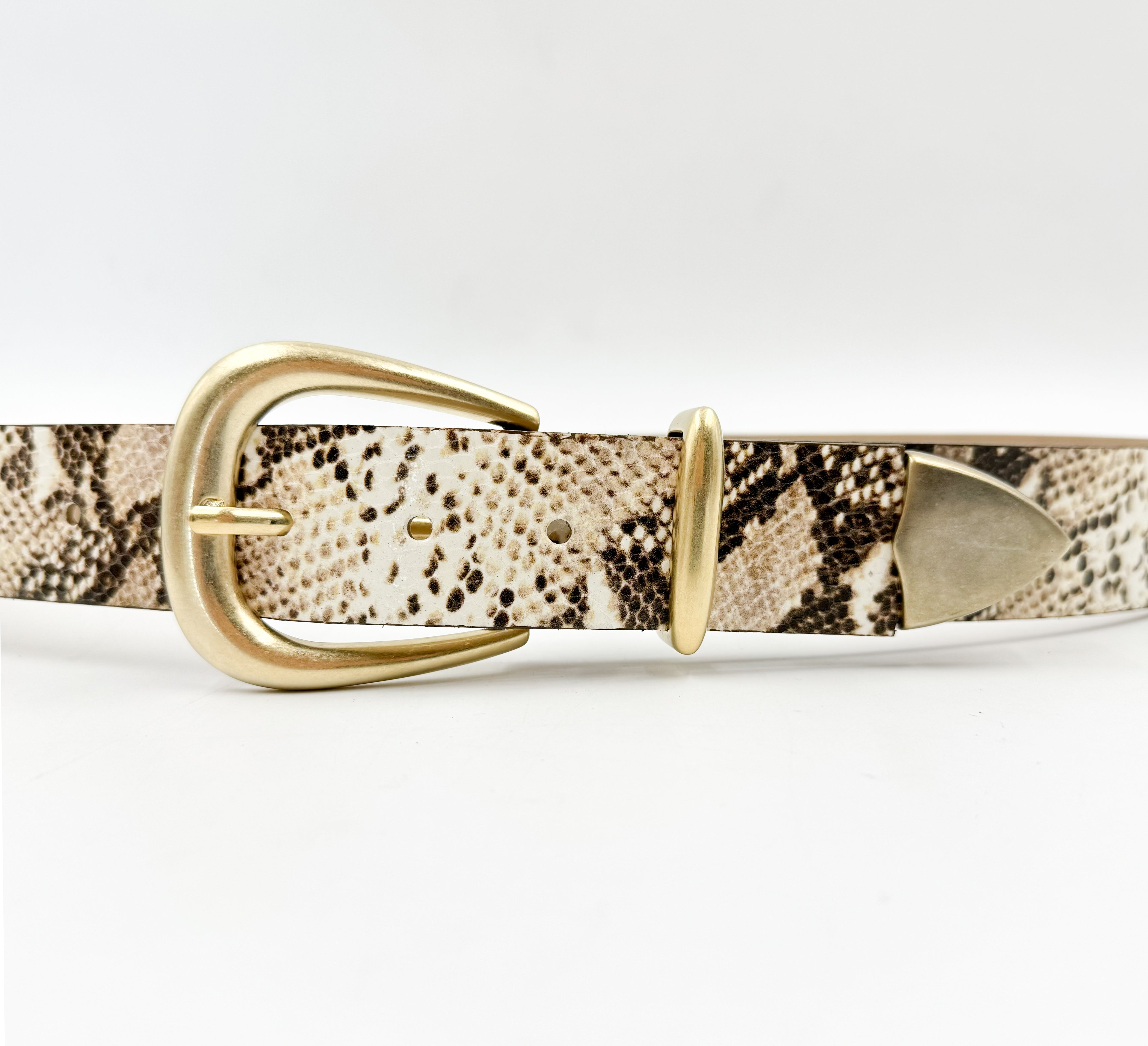 June Belt - Ivory Snake Print Leather Belt Gold Buckle Set - Streets Ahead
