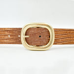 Azura Belt - Tan Embossed Italian Leather Jean Belt Light Gold Buckle - Streets Ahead