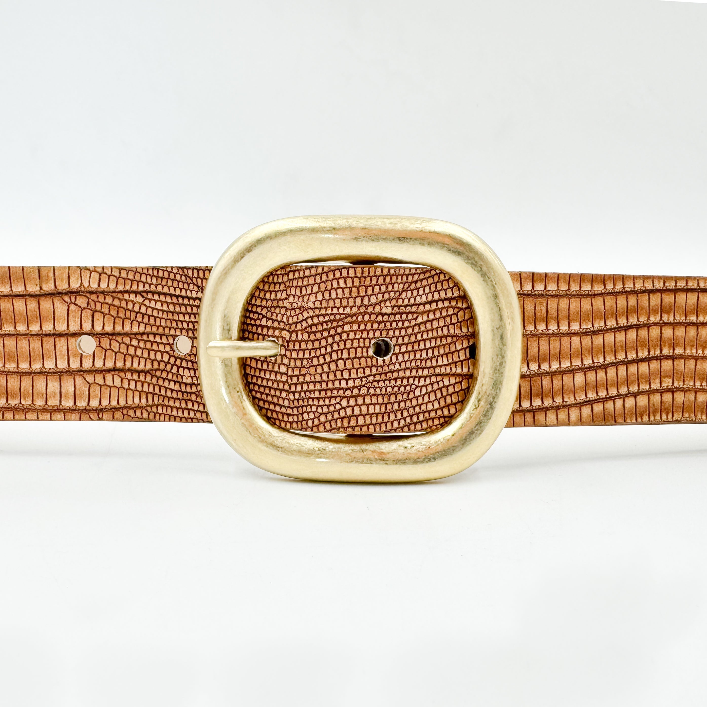 Azura Belt - Tan Embossed Italian Leather Jean Belt Light Gold Buckle - Streets Ahead