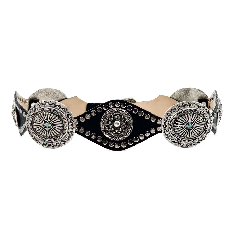 Lyra Belt - Western Style Black Leather Silver Concho Belt - Streets Ahead