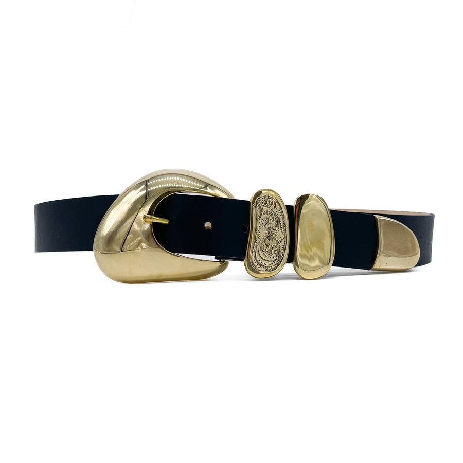 Willa Belt - Solid Brass Buckle Black Leather Belt - Streets Ahead