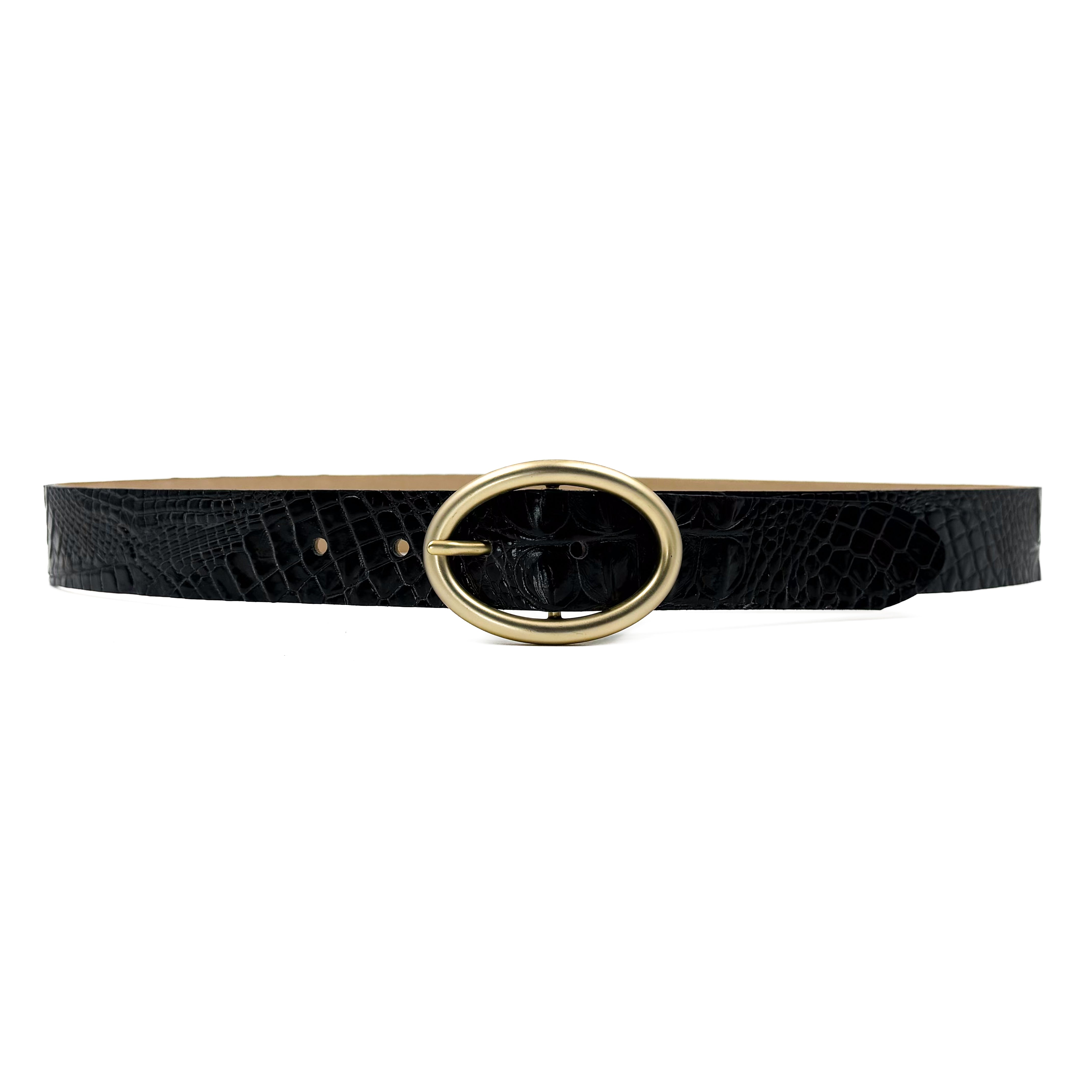 Jet Belt in black croc-embossed Italian leather with matte gold center bar buckle, Streets Ahead