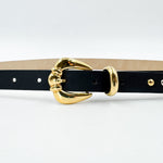 Kennedy Belt - Black Narrow Leather Belt Gold Buckle Mixed Studs - Streets Ahead