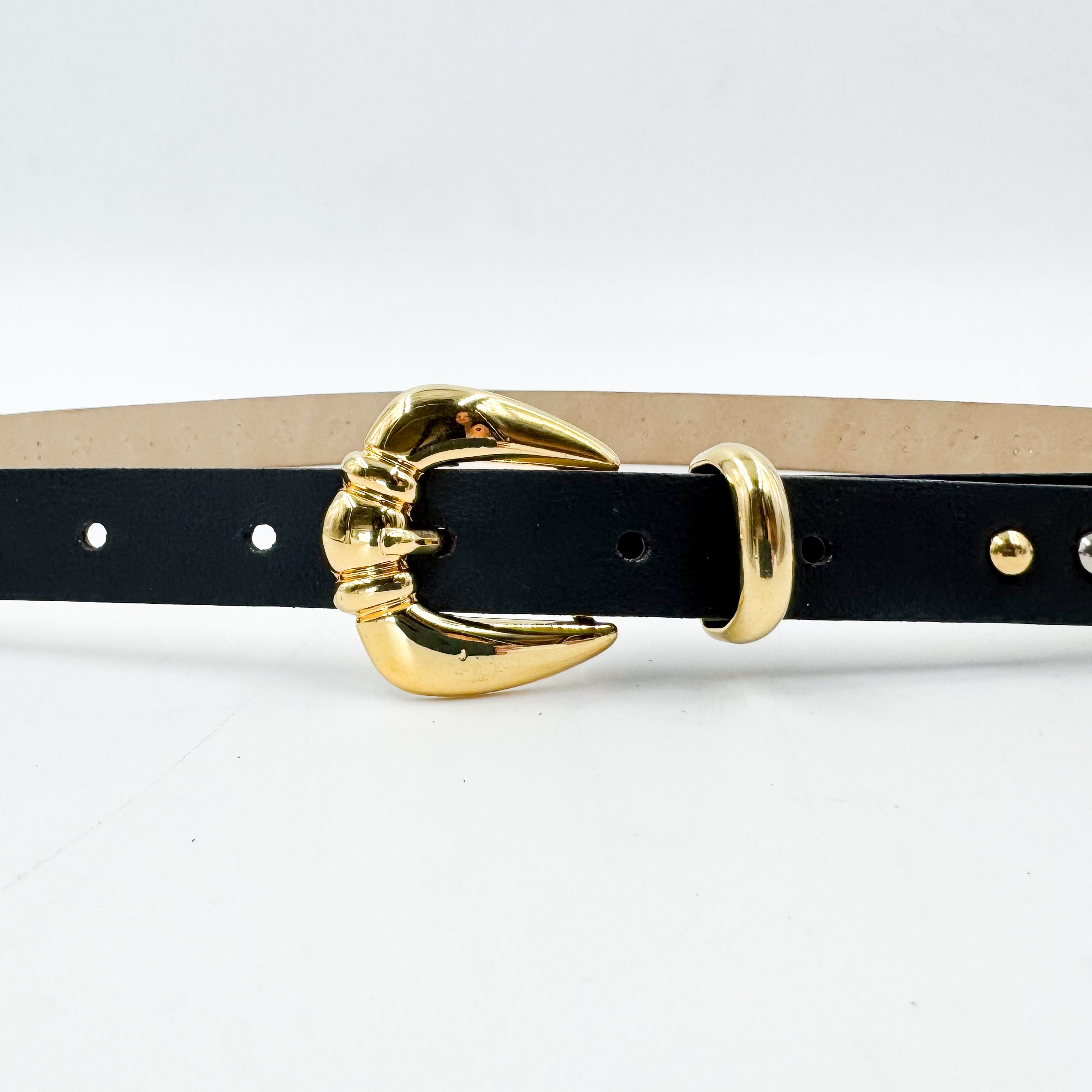 Kennedy Belt - Black Narrow Leather Belt Gold Buckle Mixed Studs - Streets Ahead