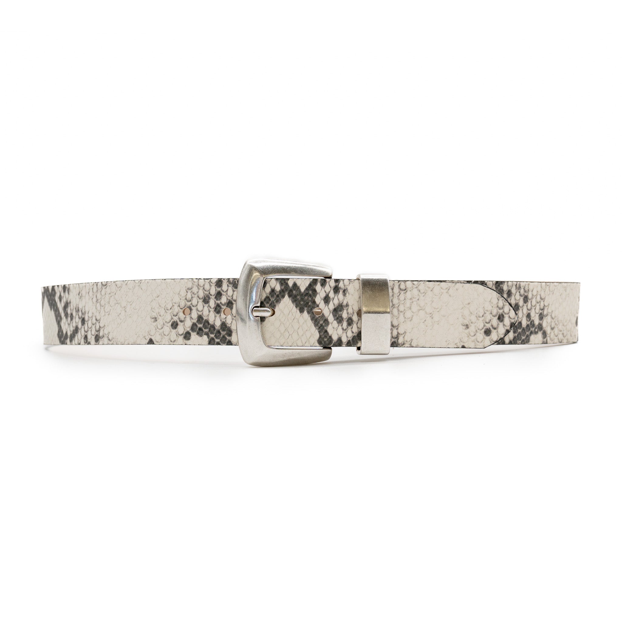 Lira Belt in Italian snake-embossed leather with brushed silver buckle, Streets Ahead