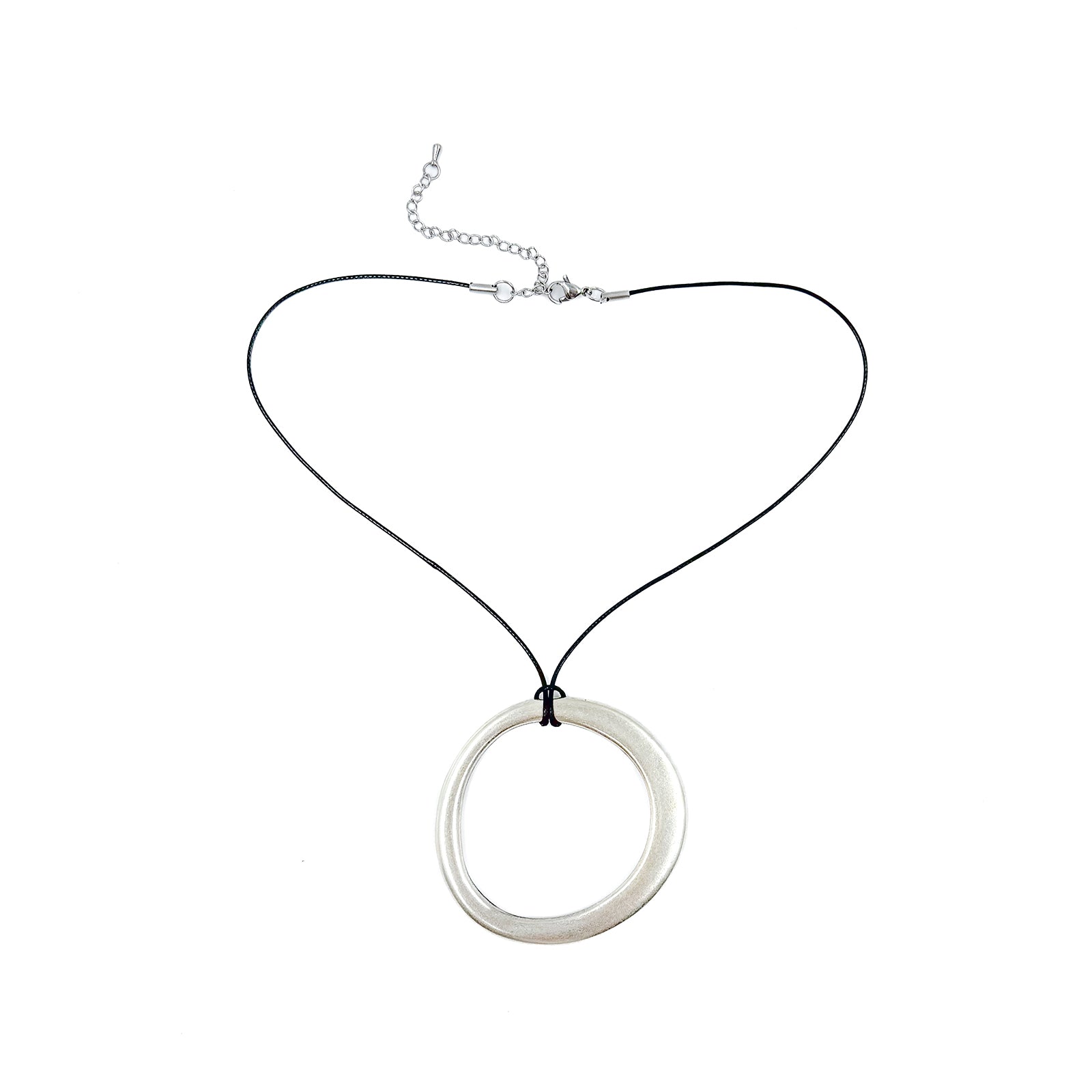 Calista Necklace Silver with black cord and satin silver circular pendant, Streets Ahead