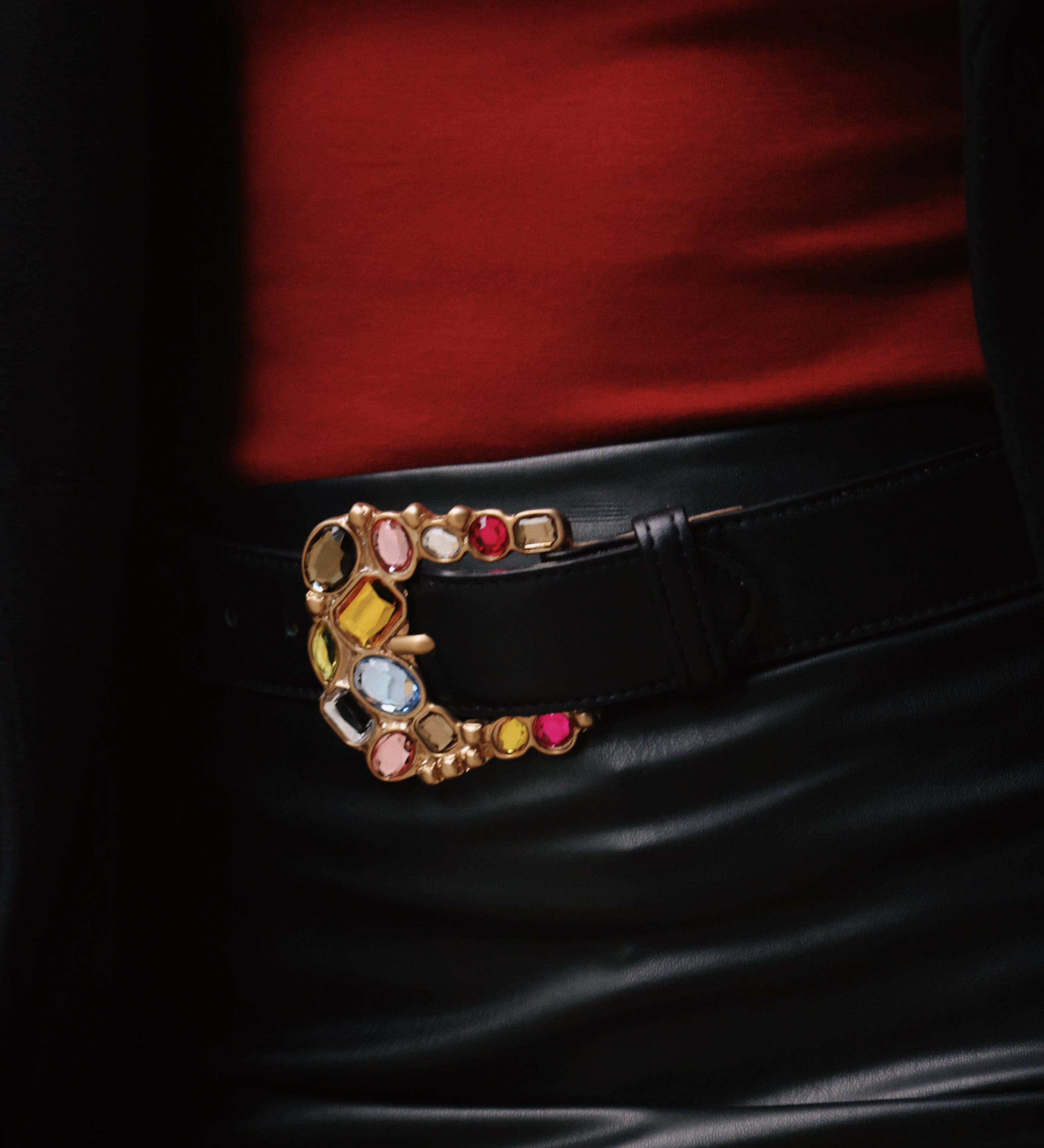 Streets Ahead Vale Belt — black leather with multi-colored crystal buckle