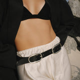 Black Italian leather belt with dual silver-plated buckles, handcrafted in Los Angeles using custom hardware