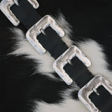 Black Italian leather belt with sculptural silver-plated multi-buckle detailing, handcrafted in Los Angeles using custom hardware