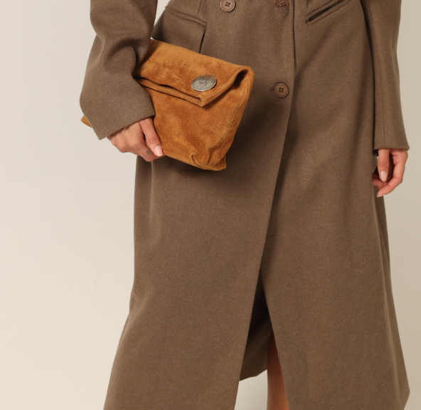 Streets Ahead Vesta Clutch — tan suede soft foldover clutch