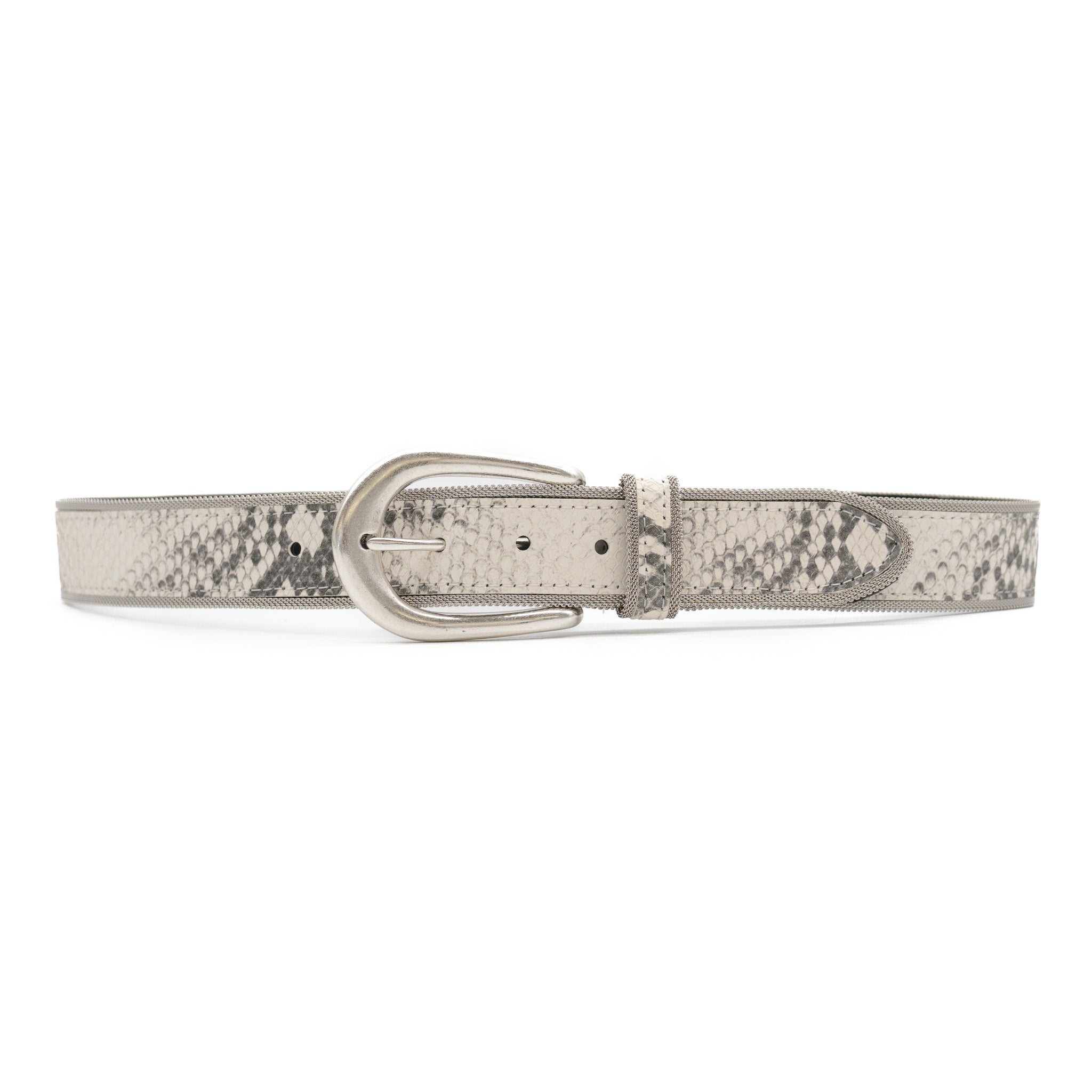 Sorella Belt in python-embossed Italian leather with silver metal mesh trim and buckle - Streets Ahead