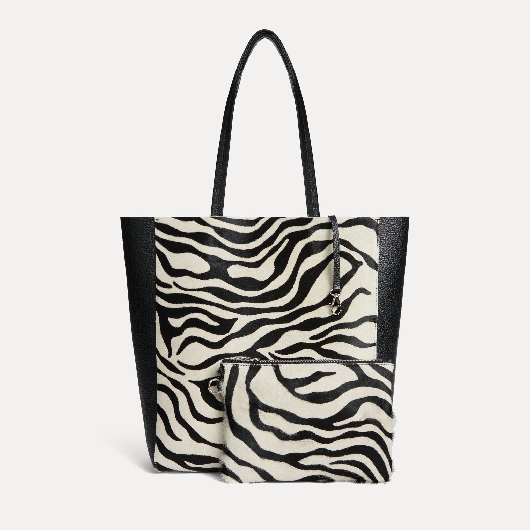 Black and white zebra calf hair Italian leather Mara shopper with matching pouch