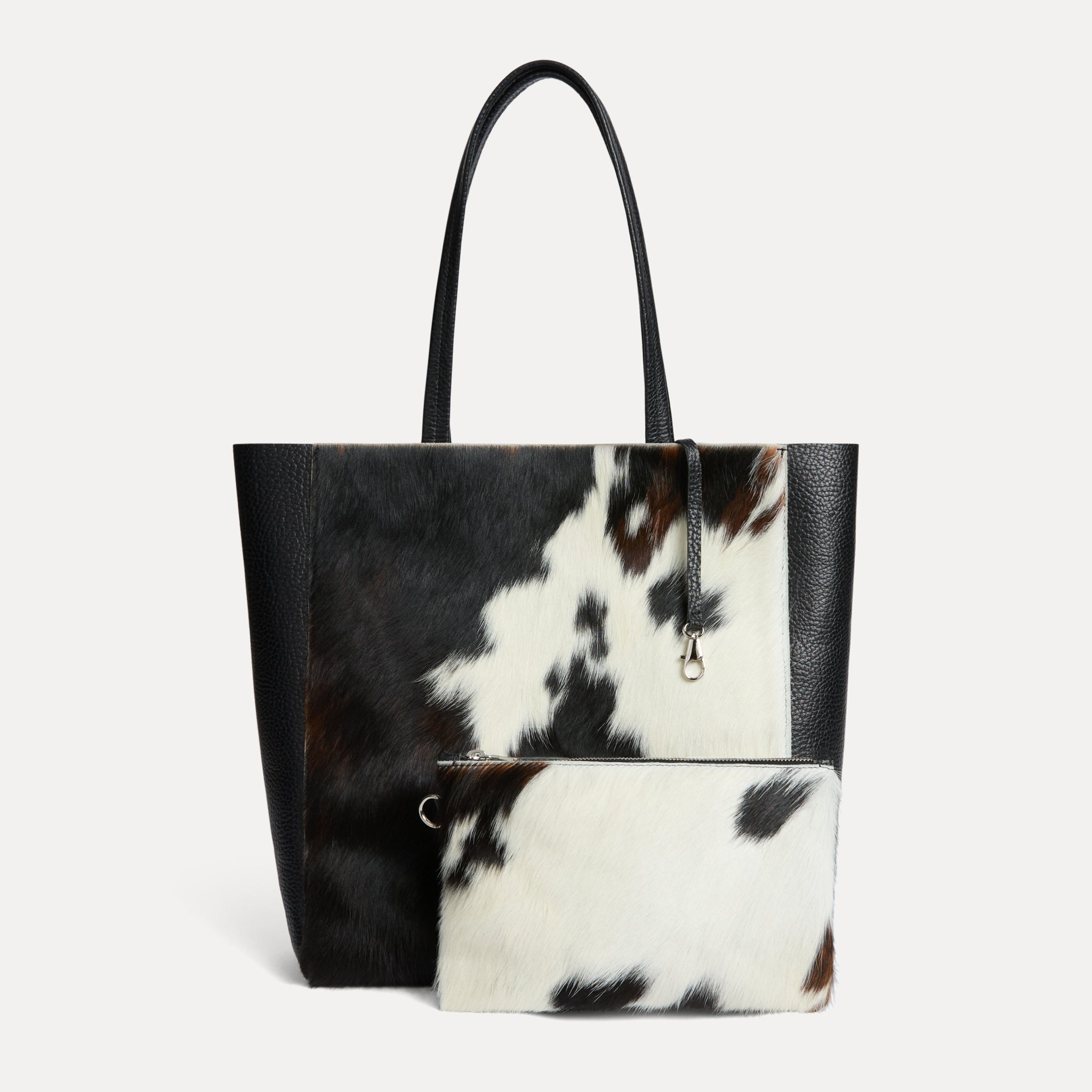 Natural black and white cowhide calf hair Italian leather Mara shopper with matching pouch