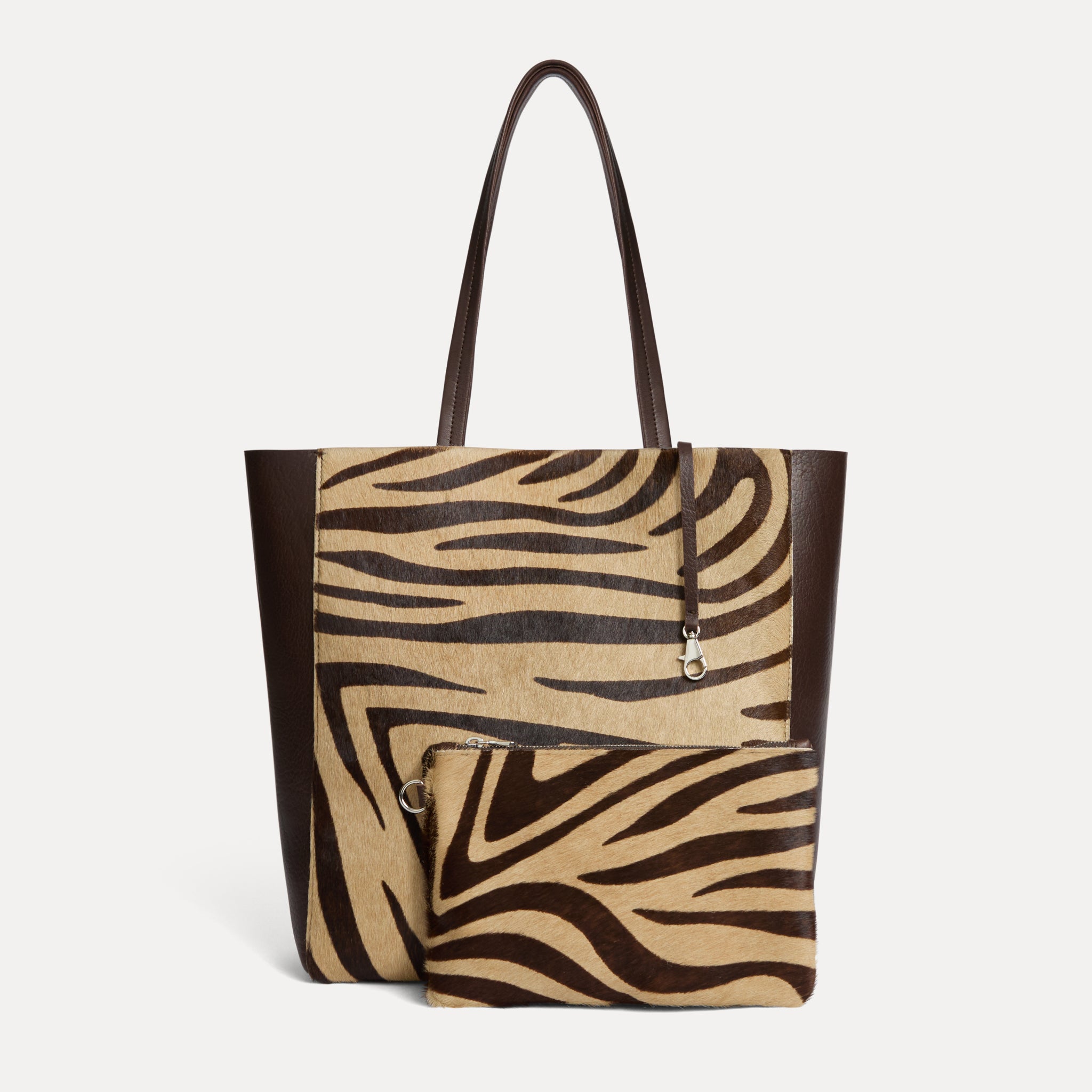 Brown zebra calf hair Italian leather Mara shopper with matching pouch