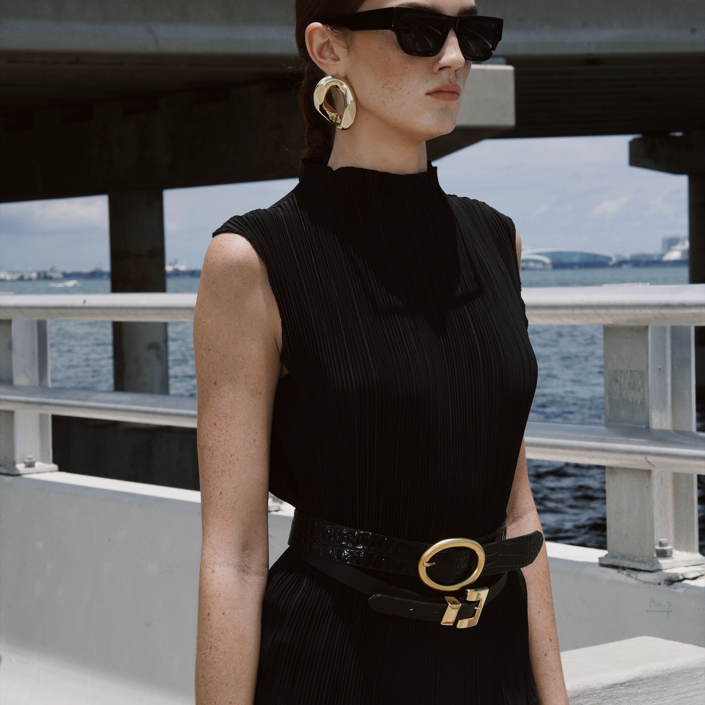 Rory - Narrow Black Leather Belt Gold Buckle - Streets Ahead