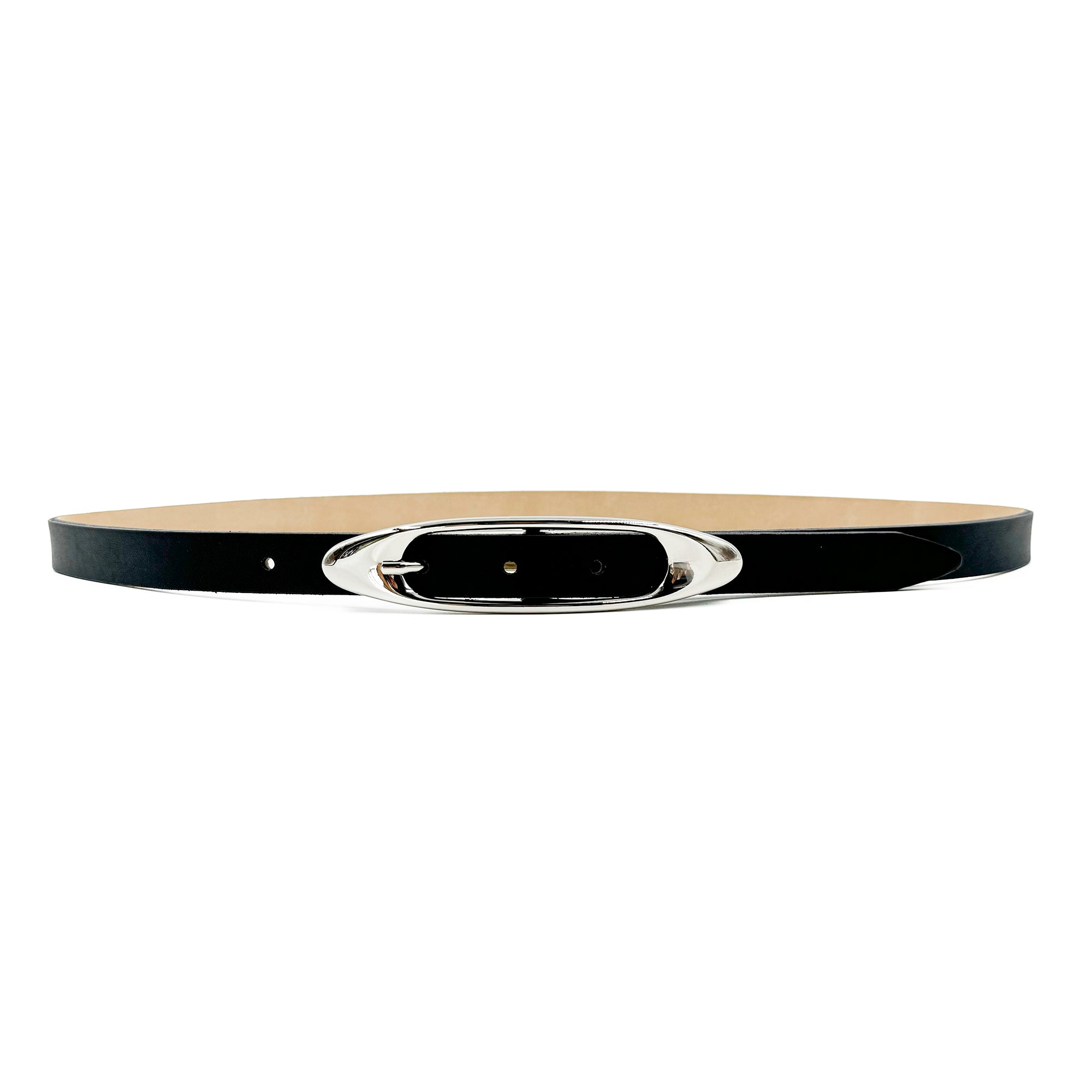 Wren Belt – narrow black Italian leather belt with a sleek silver-plated Italian buckle, handcrafted in Los Angeles - Streets Ahead