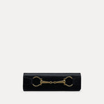 Stella Clutch in black Italian leather with 24k gold plated horsebit hardware, front view