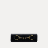 Stella Clutch in black Italian leather with 24k gold plated horsebit hardware, front view