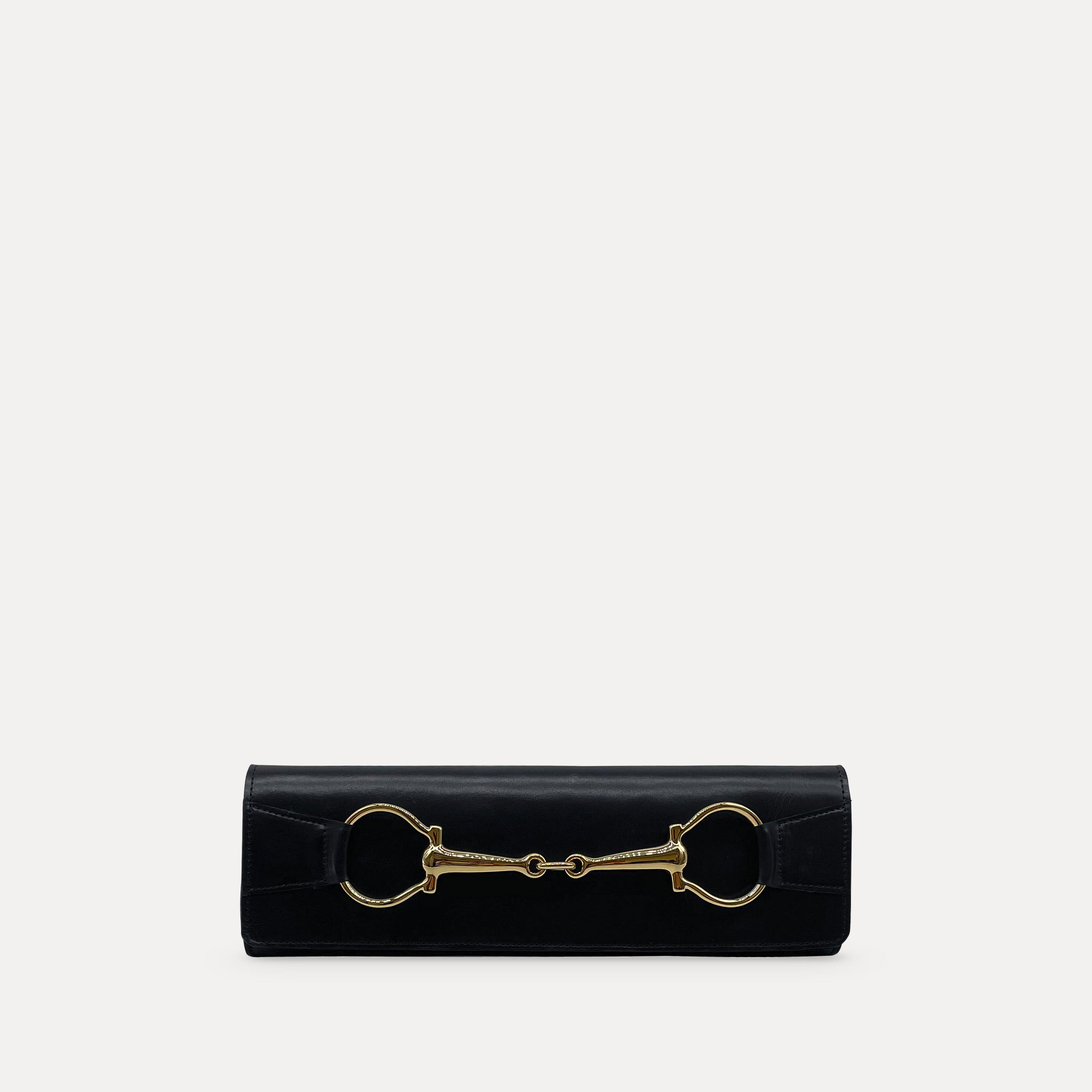Stella Clutch in black Italian leather with 24k gold plated horsebit hardware, front view