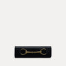 Stella Clutch in black Italian leather with 24k gold plated horsebit hardware, front view