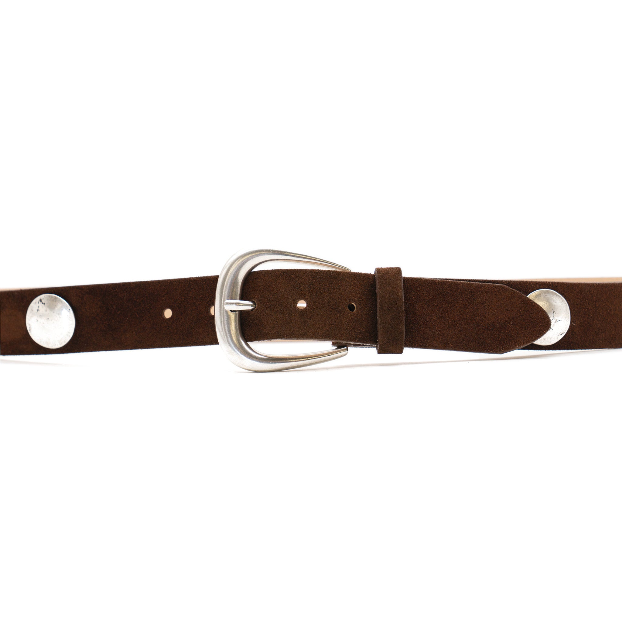 Harriet Belt in chocolate suede, buckle detail