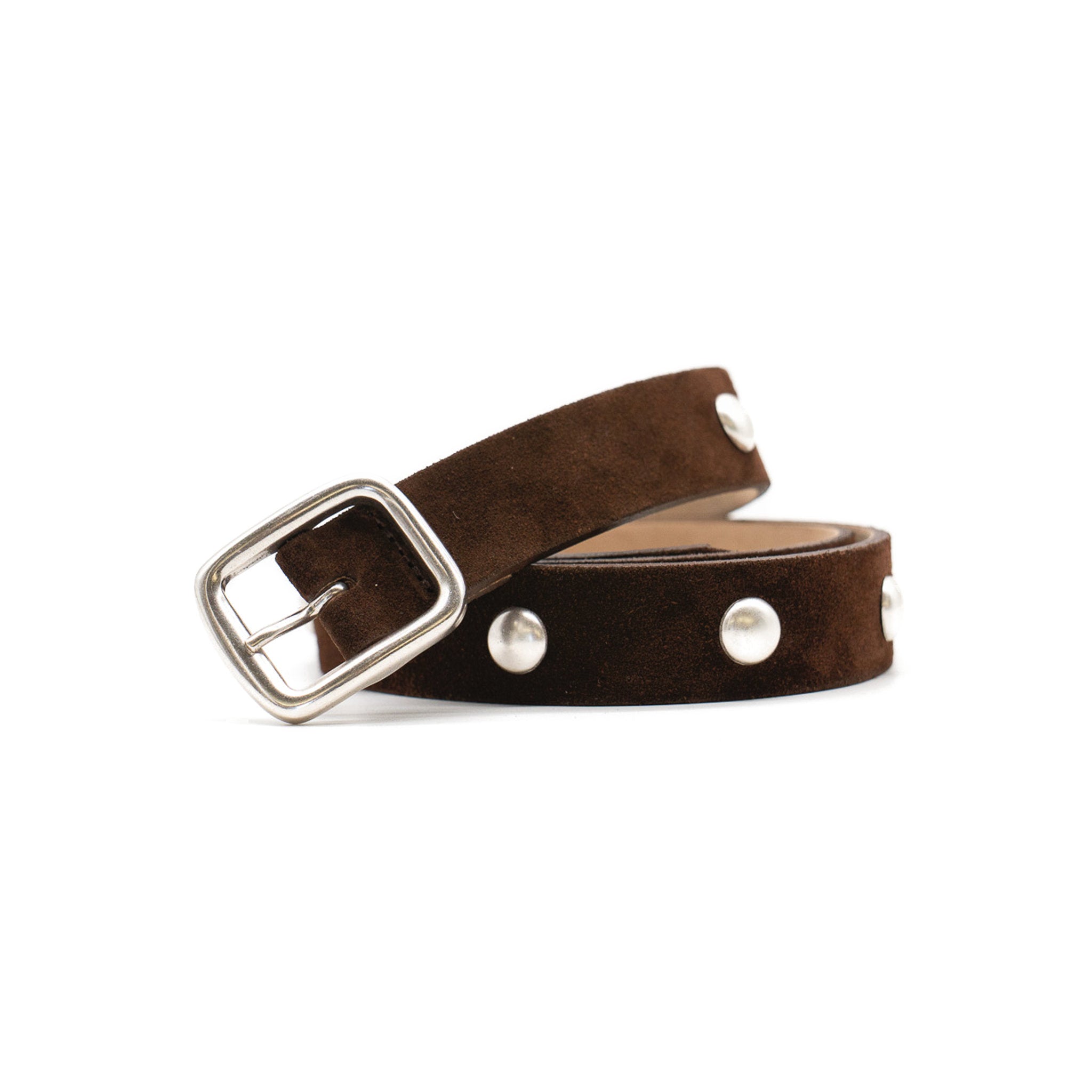 Lorna Belt in chocolate suede, coiled angle