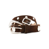 Lorna Belt in chocolate suede, styled with the Harriet Belt