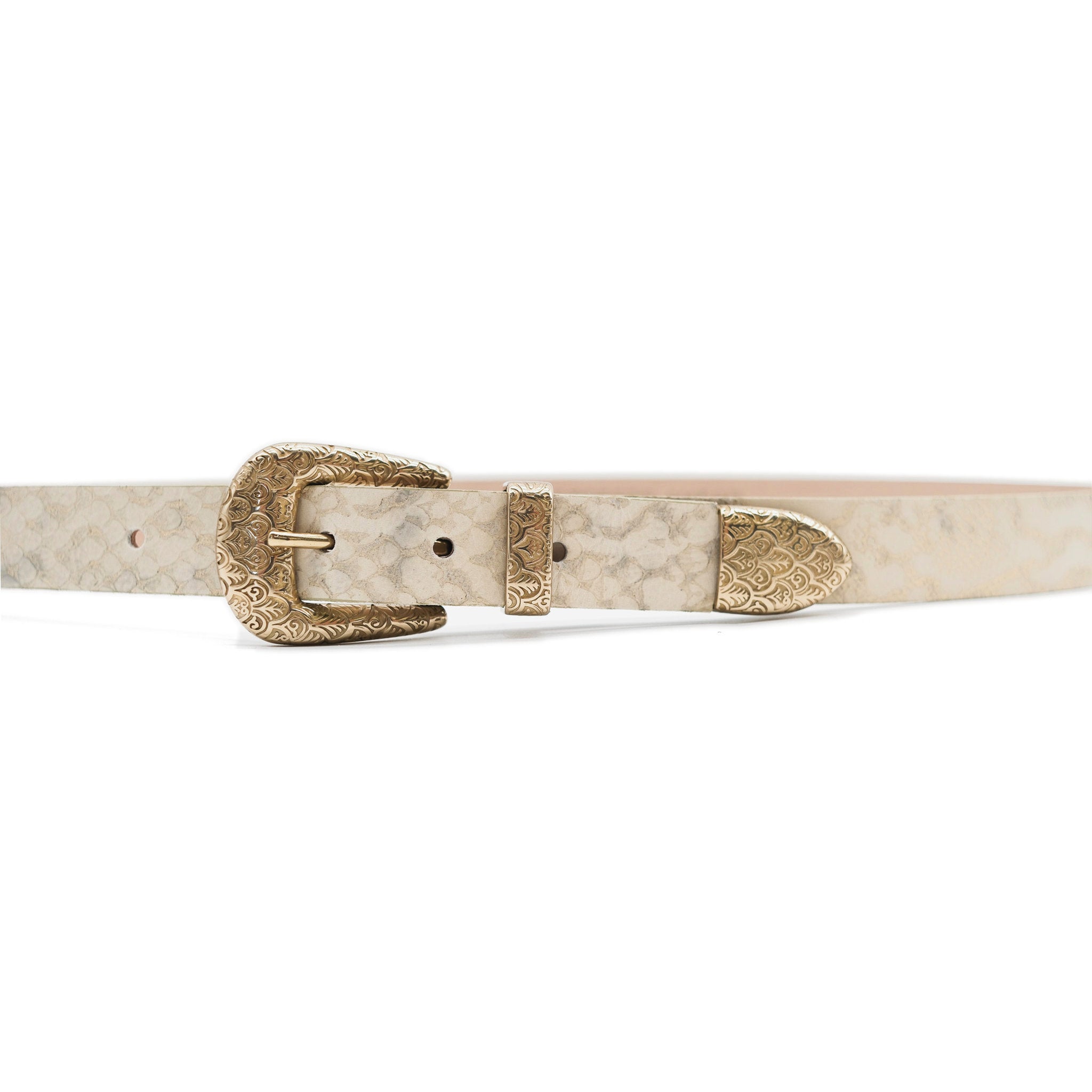 Leonie Belt in cream snake embossed leather, buckle detail