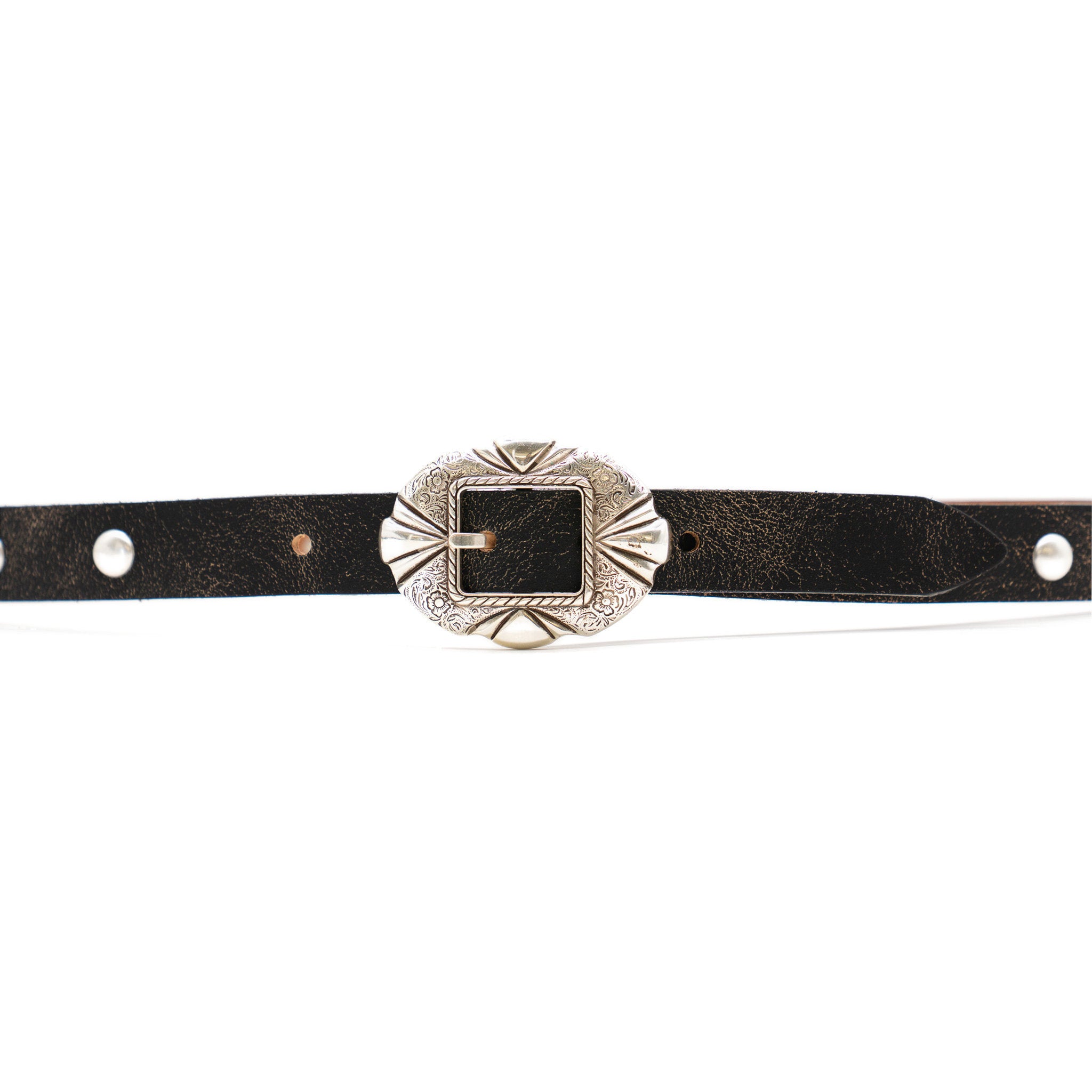 Georgia Belt in black crackle leather, buckle detail