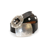 Georgia Belt in black crackle leather, styled with the Juno Belt