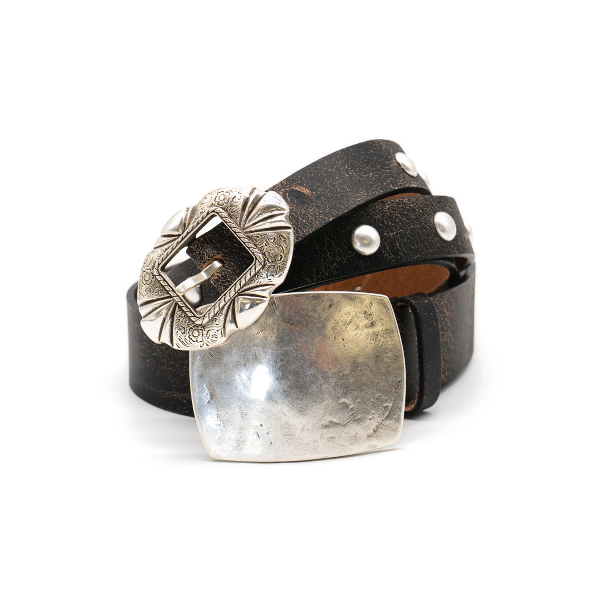 Georgia Belt in black crackle leather, styled with the Juno Belt