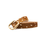 Liesel Belt in cognac deer print calf hair, coiled angle