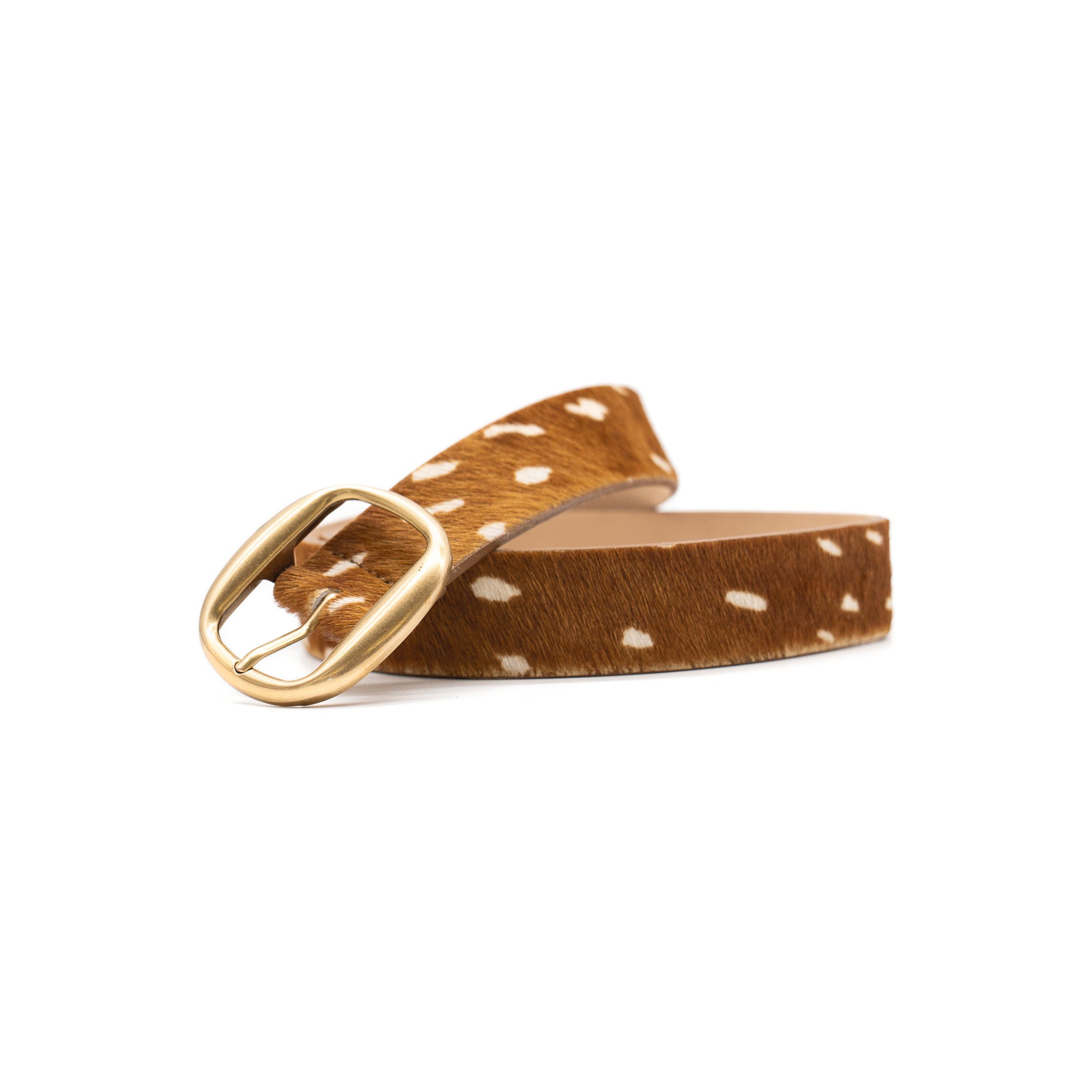 Liesel Belt in cognac deer print calf hair, coiled angle