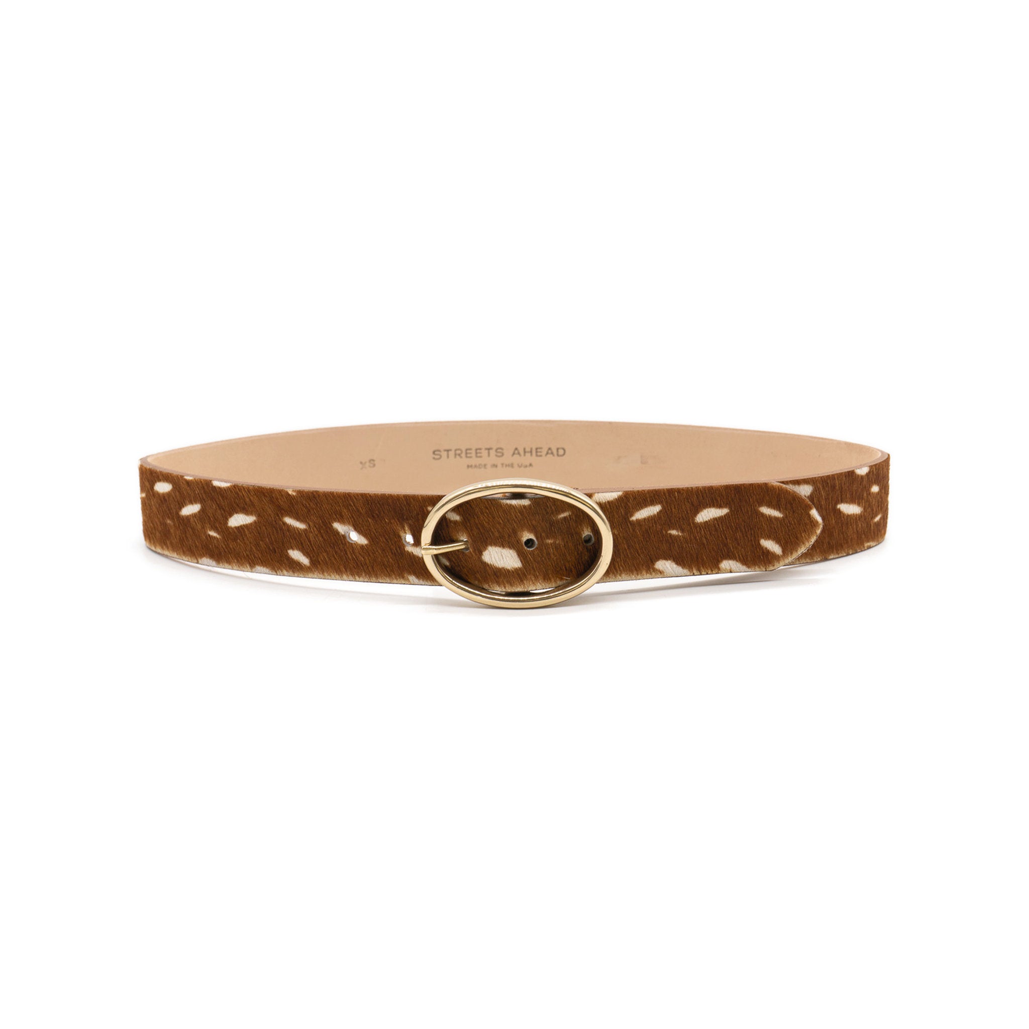 Marguerite Belt in cognac deer print calf hair, angle