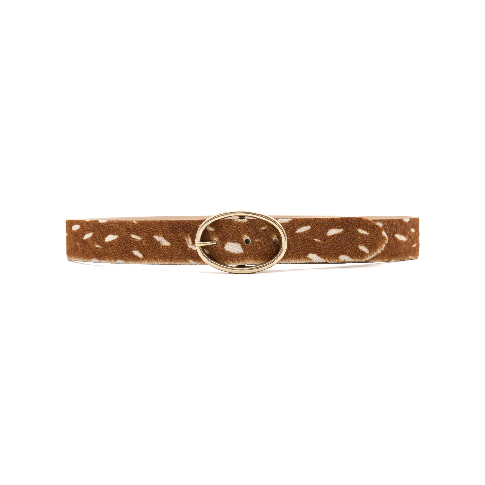 Marguerite Belt in cognac deer print calf hair, front