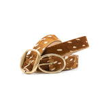 Marguerite Belt in cognac deer print calf hair, styled with the Liesel Belt