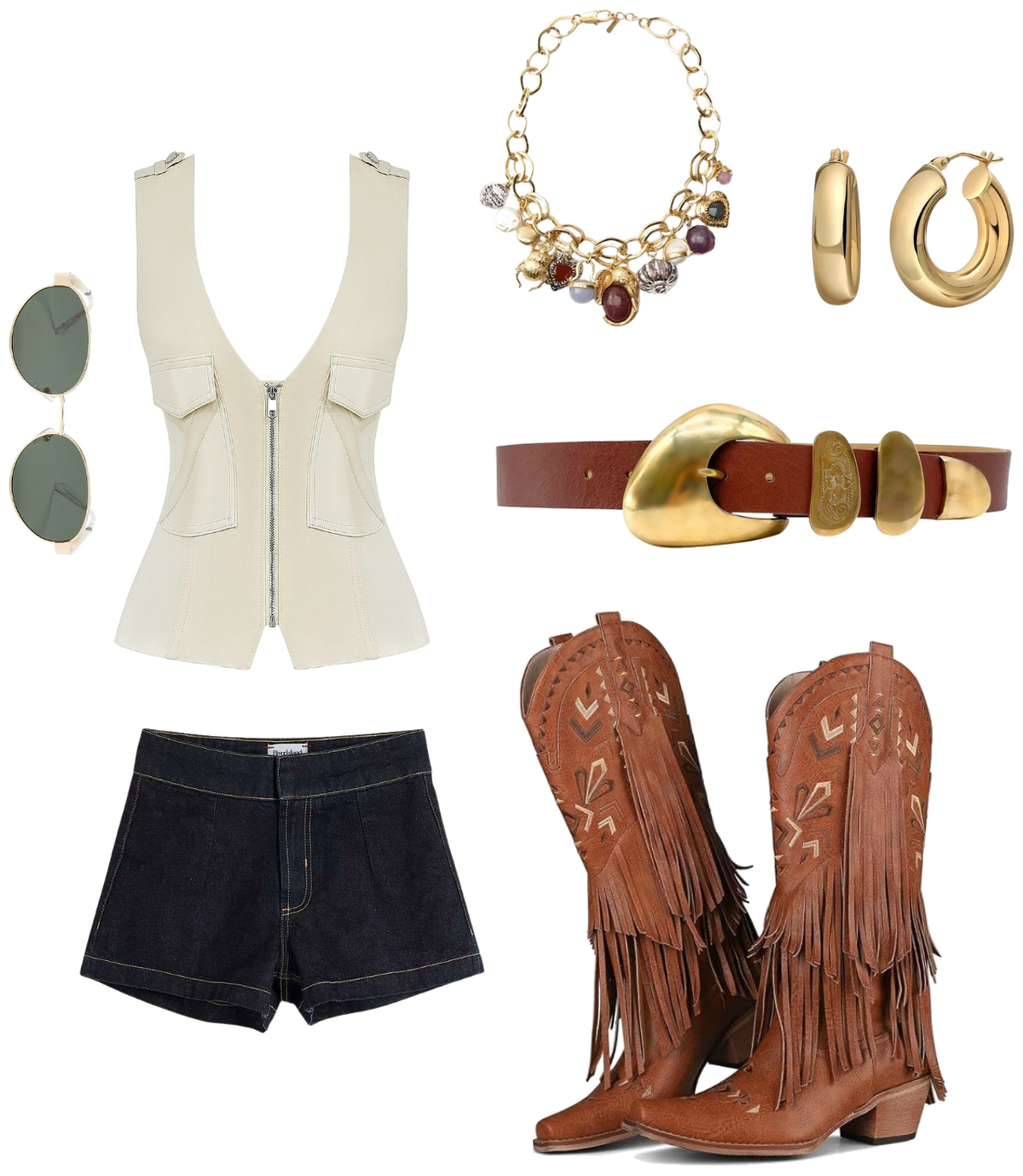 Streets Ahead Willa cognac leather belt with gold buckle styled with a cream vest, dark denim shorts, and brown fringe cowboy boots — western summer festival outfit