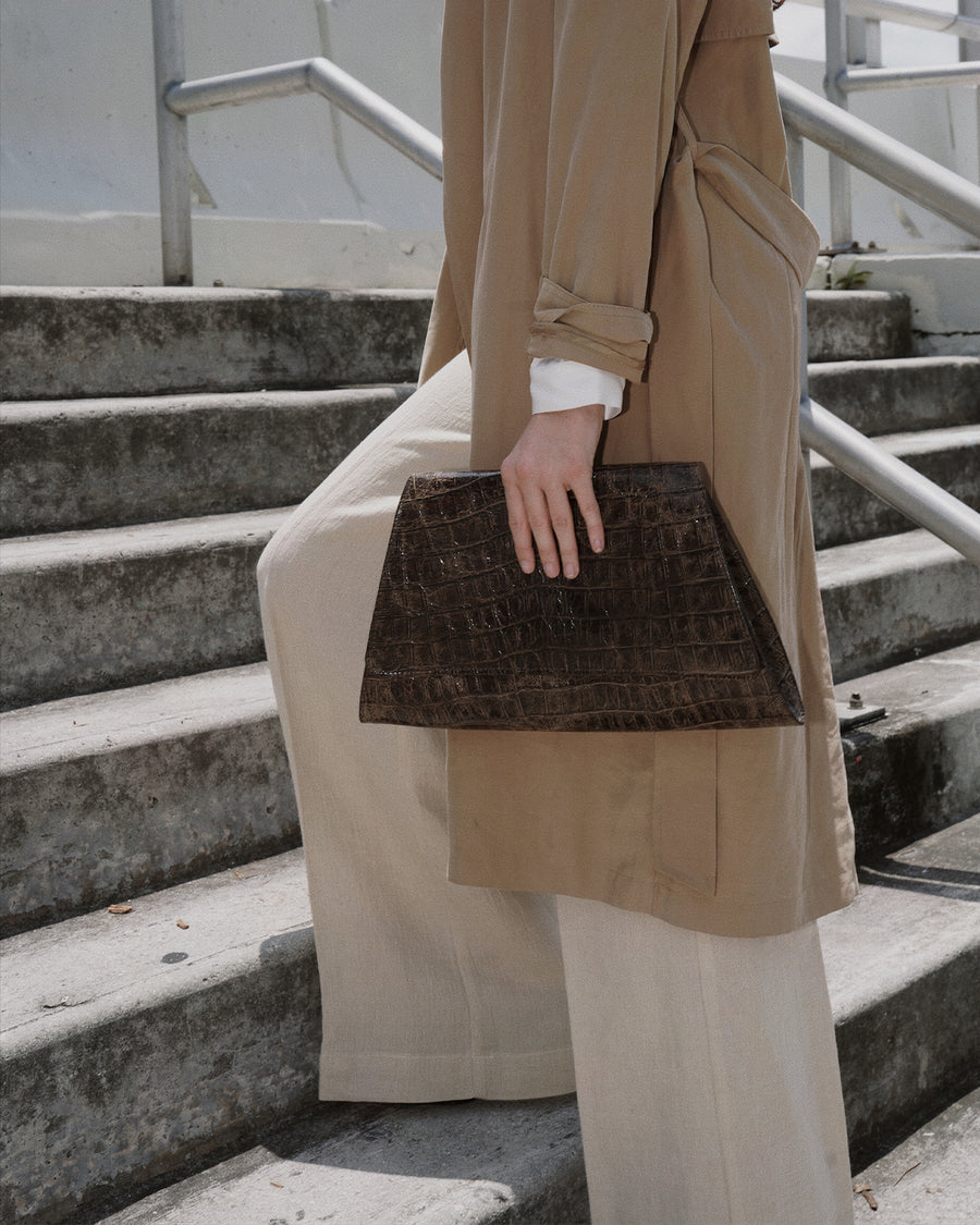 Naomi Oversized Clutch Chocolate Croc Emobssed Elegant Leather Handbag Streets Ahead