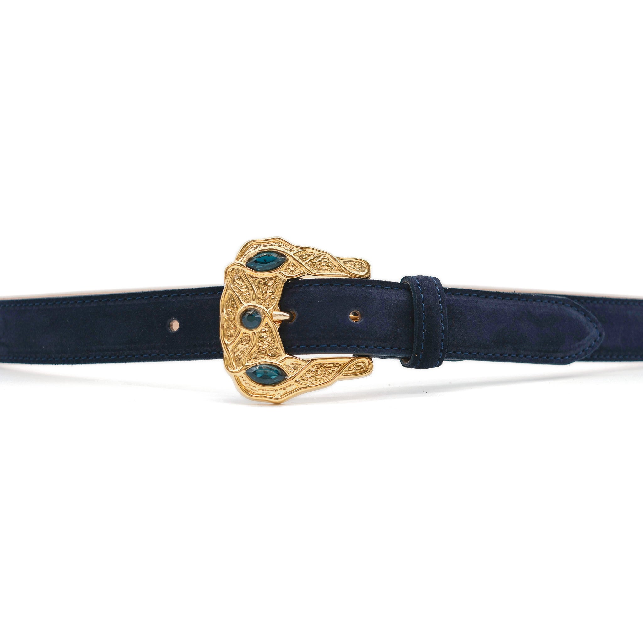 Cordelia Belt in midnight suede, buckle detail