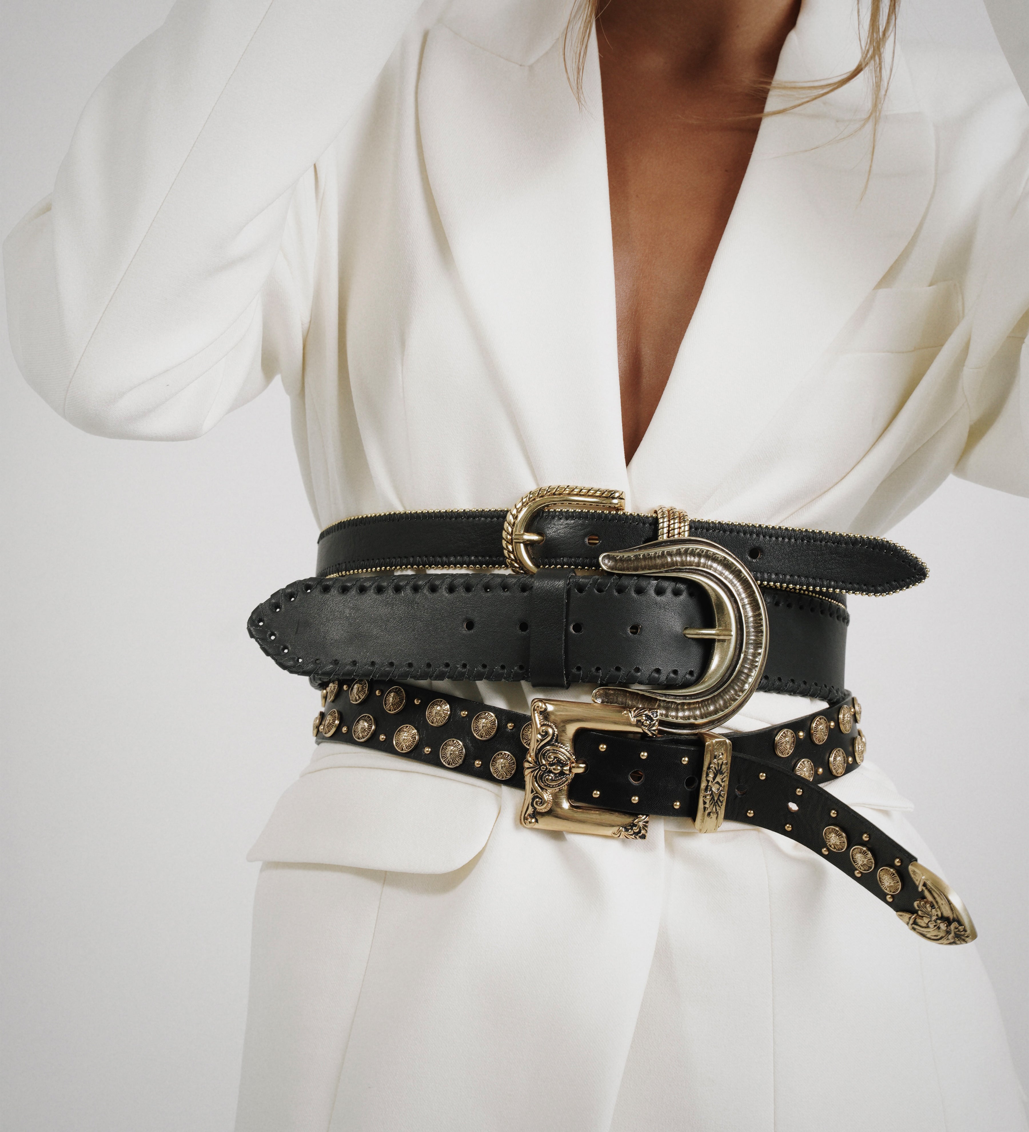 Belle Belt worn, full view of cognac leather and patina copper buckle, Streets Ahead