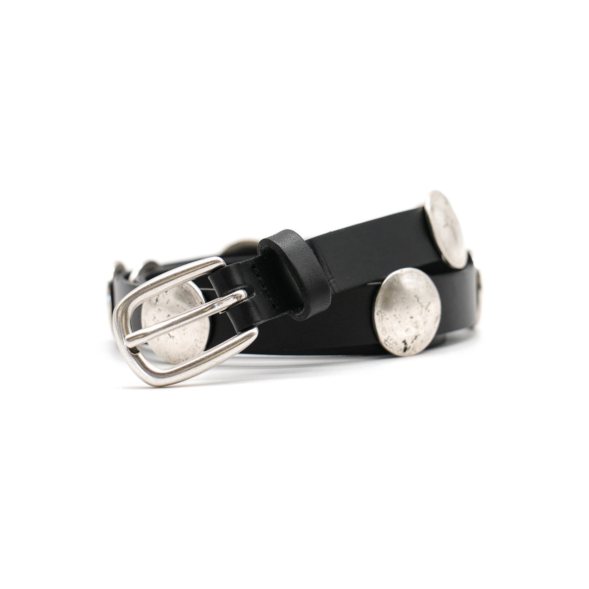 Philippa Belt in black leather, coiled angle