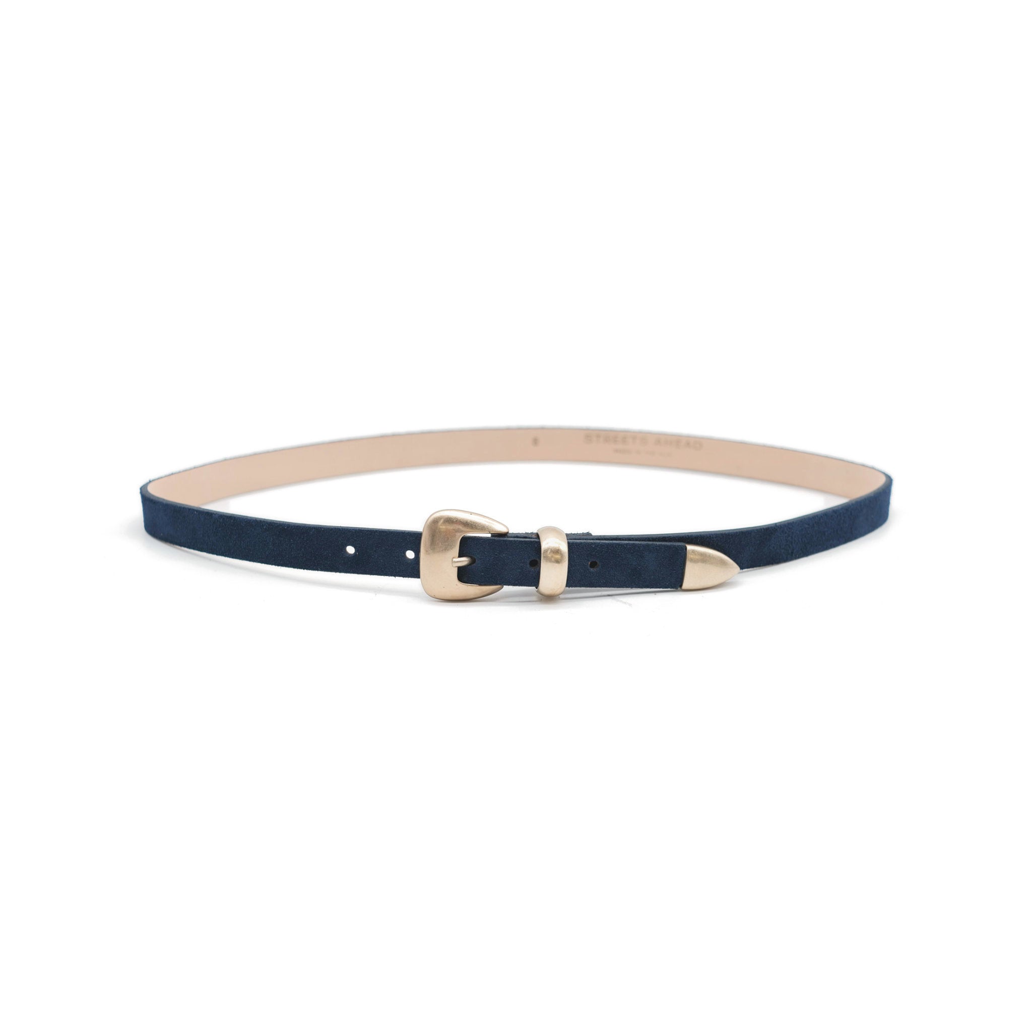 Thea Belt in navy suede, angle