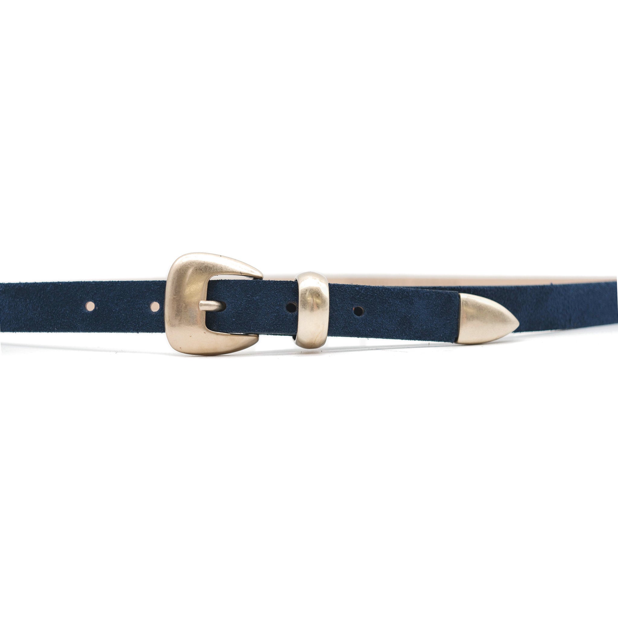 Thea Belt in navy suede, buckle detail