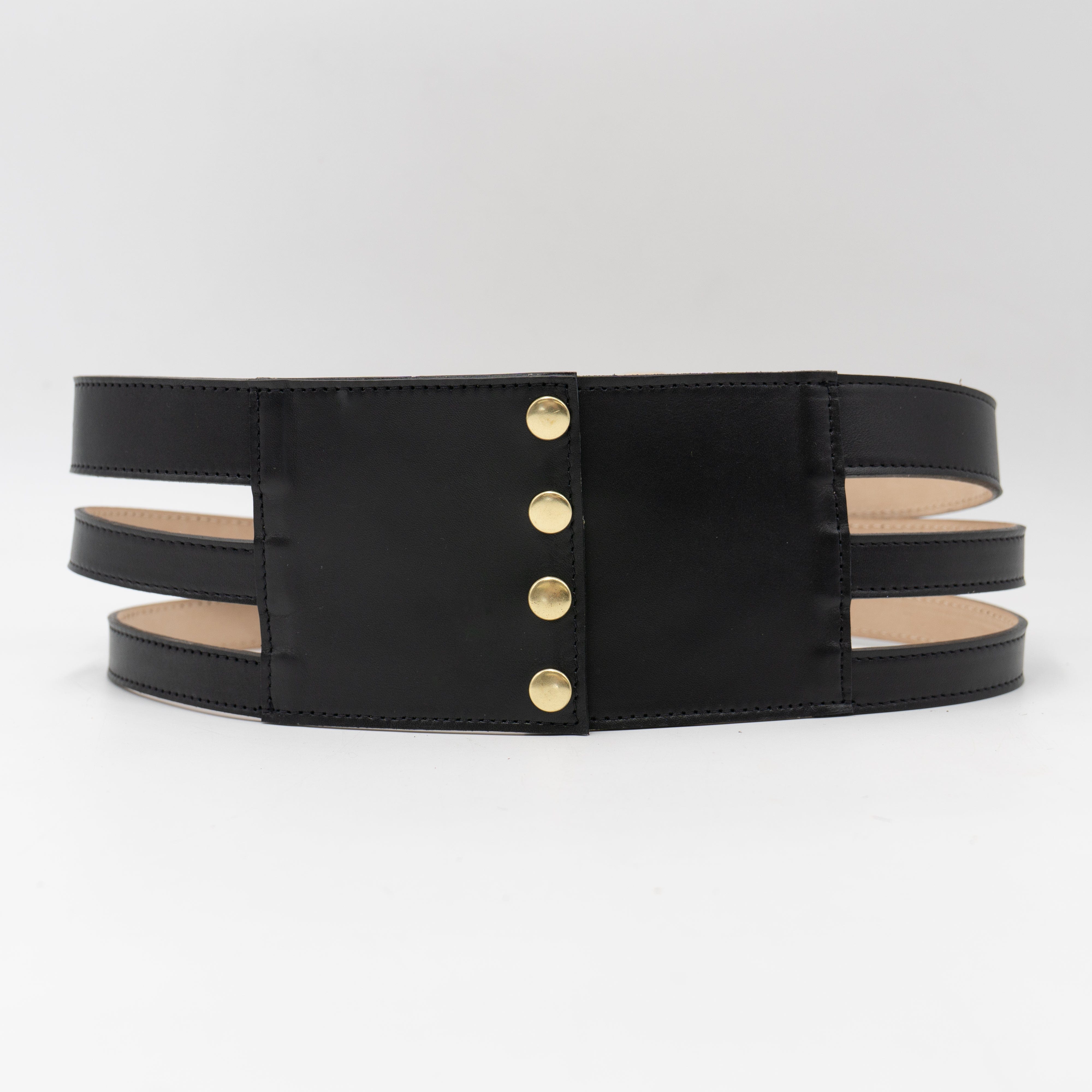 Streets Ahead Aimée Corset Belt — black leather with gold and silver-plated buckles