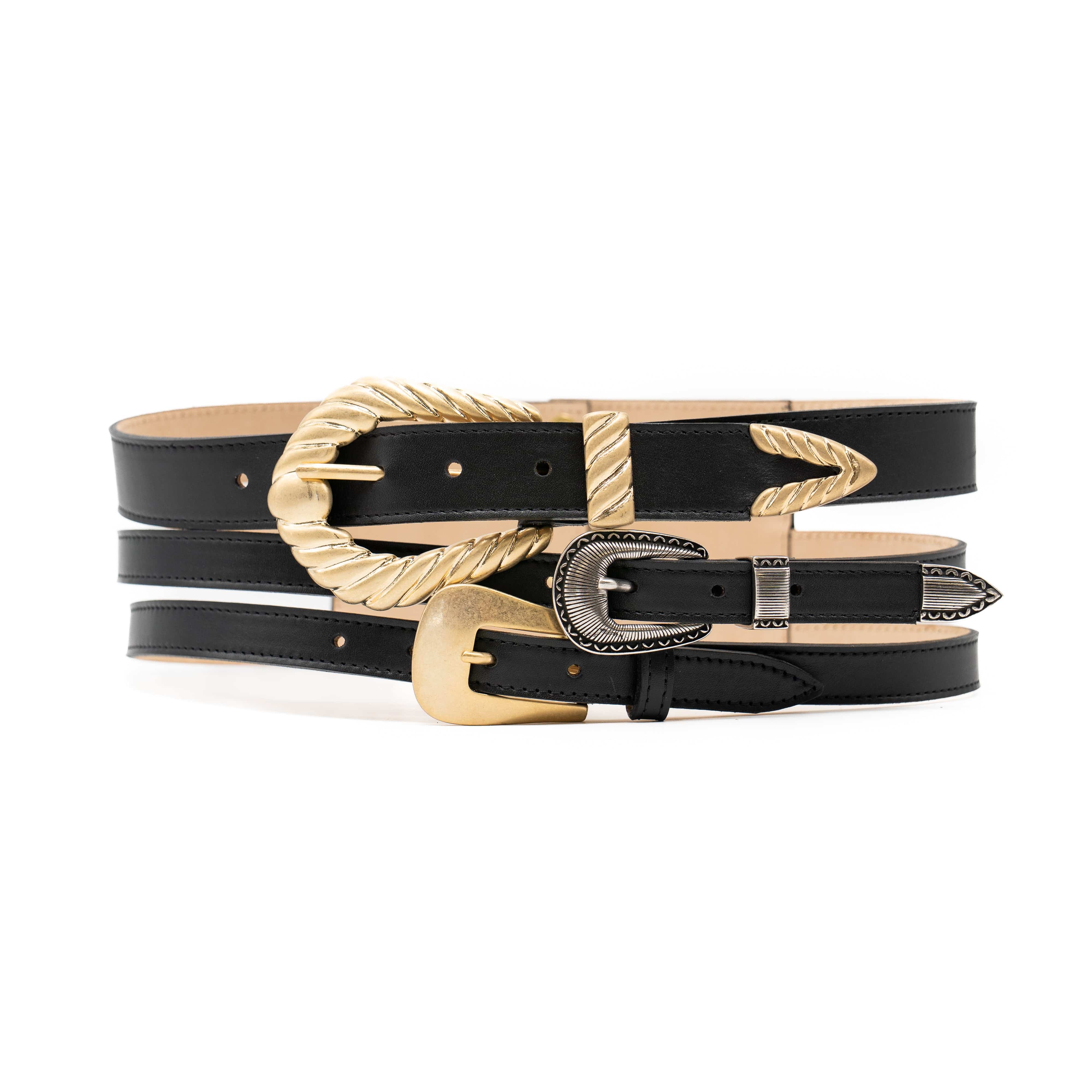 Aimée Corset Belt in triple-band black Italian leather with mixed metal hardware, Streets Ahead