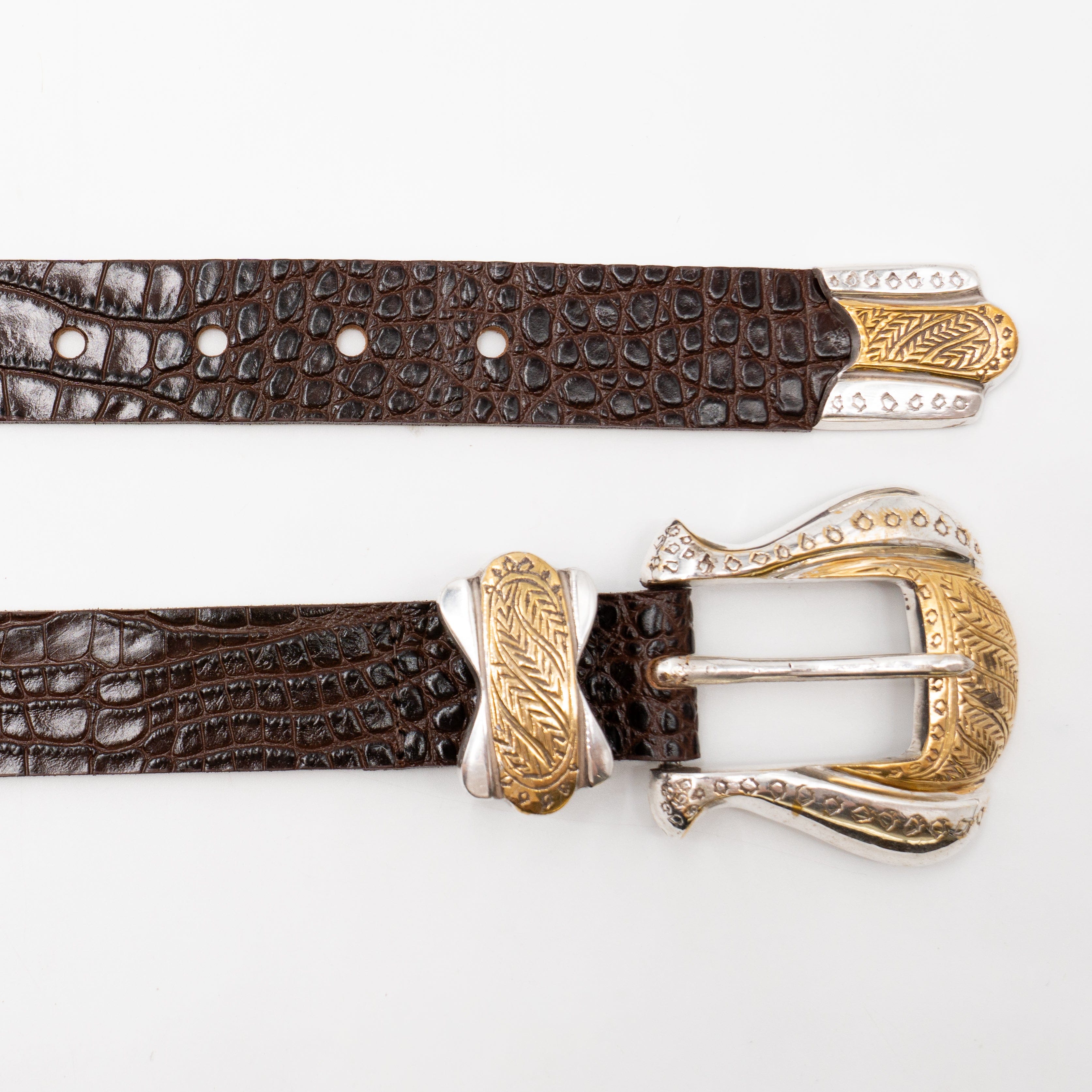 Aria Belt – Croc-Embossed Leather with Brass Engraved Buckle - Streets Ahead